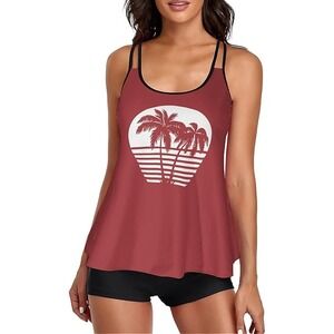 Urchics Women's Tummy Control Tankini Boyshorts Set - Palm Trees - Brick Red XL